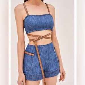 Alexis Kenji crop bandeau top w faux leather straps Allan denim shorts outfit M